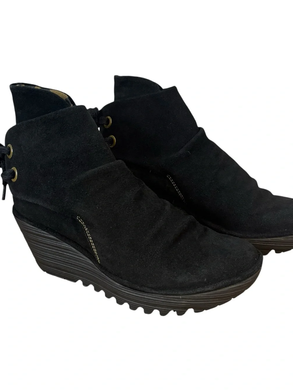 Fly London Womens Wedge Ankle Boots Shoes Black Suede Tie Back US 8.5 EU 39